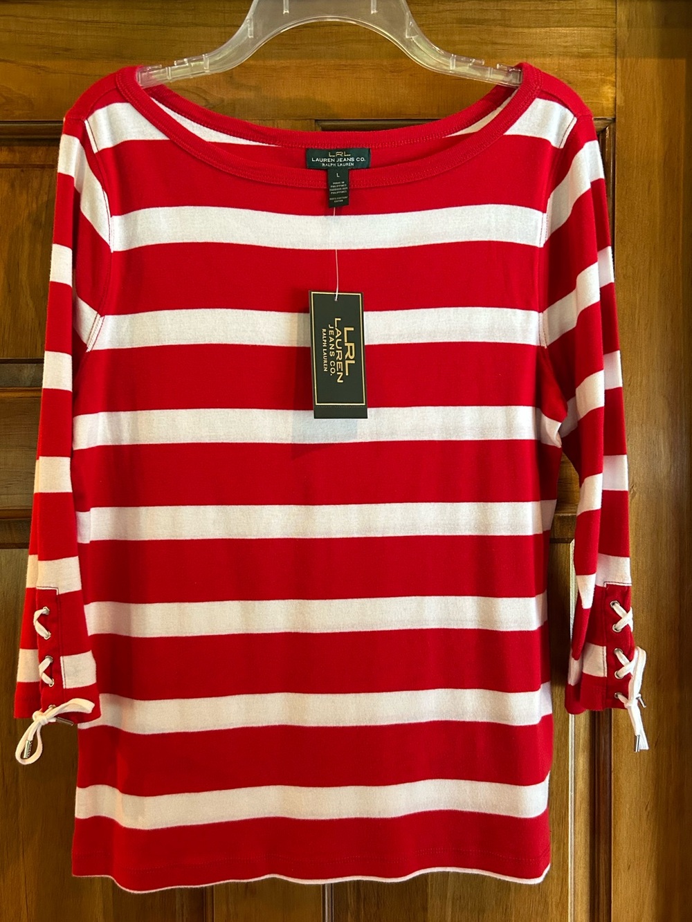 Lauren Jeans Company Red & White Striped Lace-Up Sleeve Boatneck Top